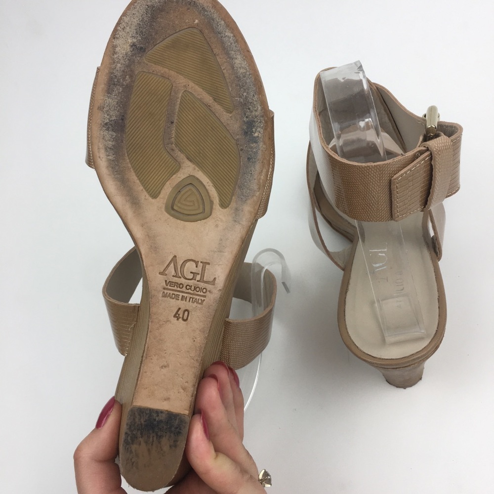 AGL wedge sandal ankle wrap heel tan snake leather - Picture 5 of 8